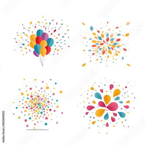 Vibrant colorful fireworks and balloons on white background