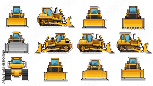 Solid sleek vector icon set featuring yellow bulldozers from multiple angles, illustrating powerful heavy machinery for construction, earthmoving, and industrial design projects