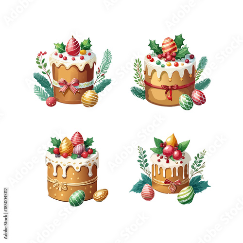 Festive Christmas cakes with decorations and icing