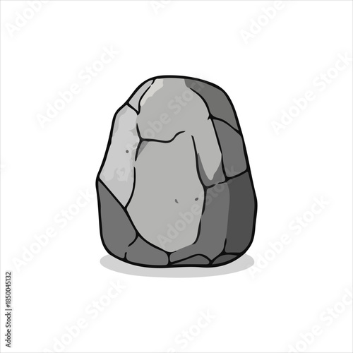 A simple cartoon illustration of a large, jagged grey rock with cracked texture details and shadows.