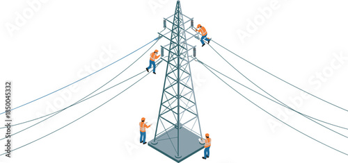 Power line maintenance workers illustration, technicians repairing high voltage transmission tower, electric grid service, energy infrastructure, isometric vector design