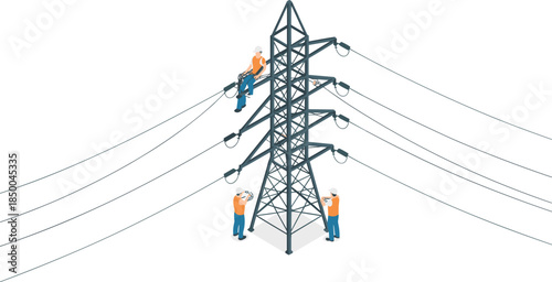 Power line maintenance workers illustration, technicians repairing high voltage transmission tower, electric grid service, energy infrastructure, isometric vector design