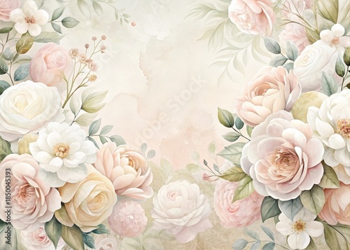 Pastel Floral Birthday Backdrop with White and Beige Blooms