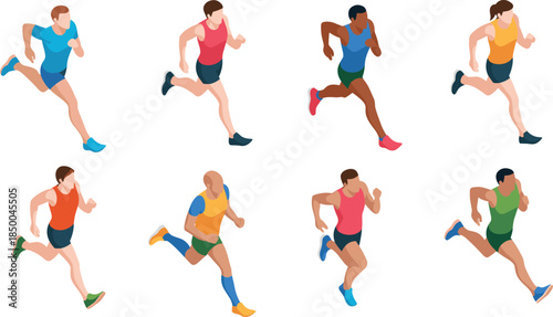 Running people illustration set, male and female joggers, active lifestyle, fitness training concept, isometric flat vector design, isolated on white