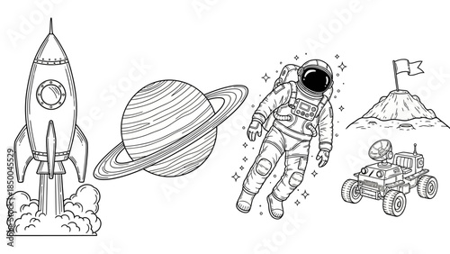 Black and white line art set for space exploration rocket, planet, astronaut, and rover. Clean vector illustrations for cosmic themes