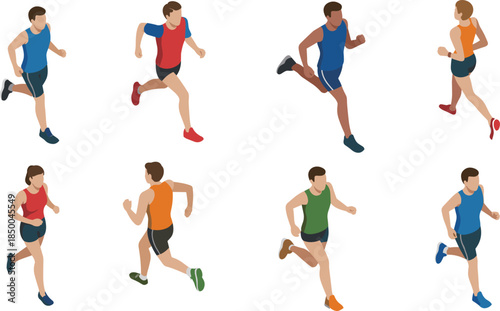 Running people illustration set, male and female joggers, active lifestyle, fitness training concept, isometric flat vector design, isolated on white
