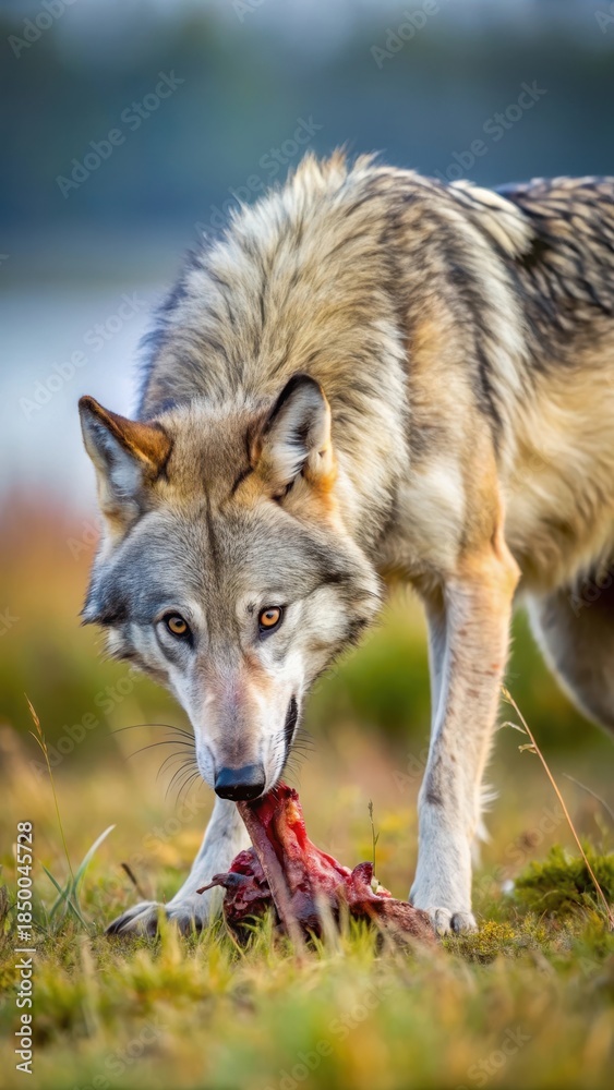 Fototapeta premium Grey wolf feasting on dead bird in open grassland