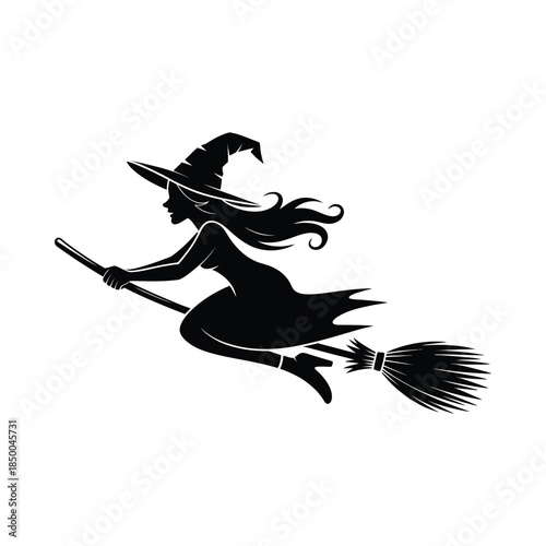 Witch flying on broomstick silhouette