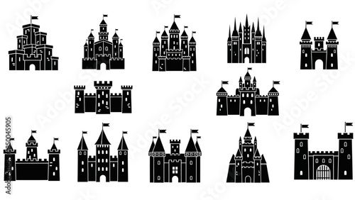 A diverse collection of solid sleek fantasy castle silhouettes, perfect for fairy tale illustrations, iconic architectural designs, and medieval-themed graphic design projects