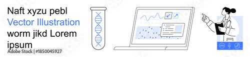 Biotechnology, scientific research, data analysis, digital education, healthcare development, and science visuals. DNA helix in a tube, a laptop with data and a scientist. Scientific research
