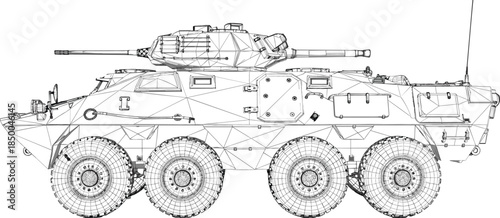 Technical wireframe mesh model of an eight-wheeled armored personnel carrier vehicle with turret for military engineering and digital design