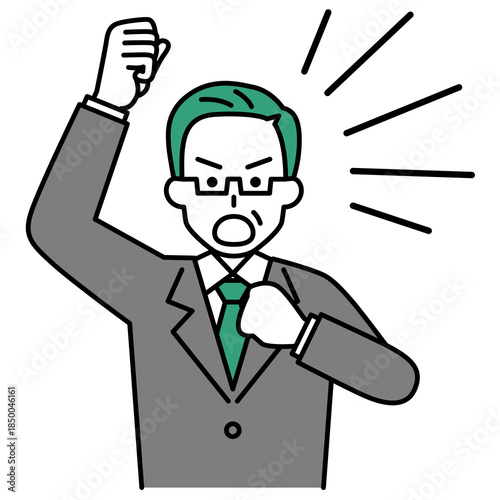 拳を上げて抗議する中年のスーツの男性