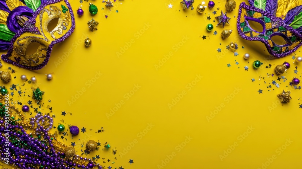 Obraz premium Vibrant Mardi Gras festive border with colorful masks and sparkling beads on yellow background, celebration poster concept