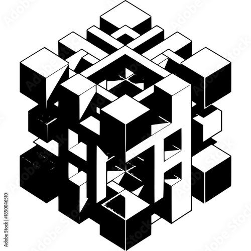 Abstract Cubist Structure: An intriguing abstract cubist structure, composed of intricate geometric shapes and clean lines, this artwork explores the interplay of form and shadow.
