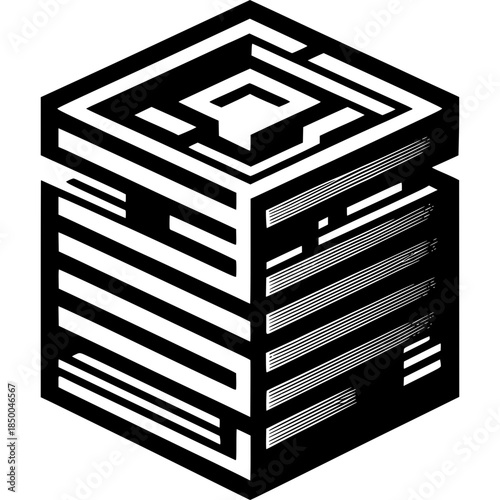 Intricate Cubic Maze: A mesmerizing black and white geometric pattern showcases the complexity of a cubic maze. Explore the challenges of a maze-like structure.