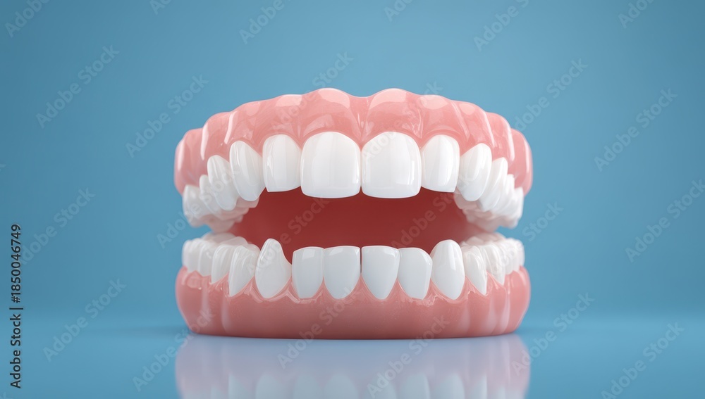 Obraz premium High quality photo of Dental Model of a Full Set of Teeth Showing Misalignment and Gaps on Blue Background