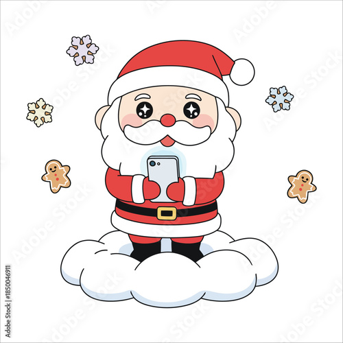 Cute Santa Claus Sitting on Cloud with Smartphone and Cookies Vector Art