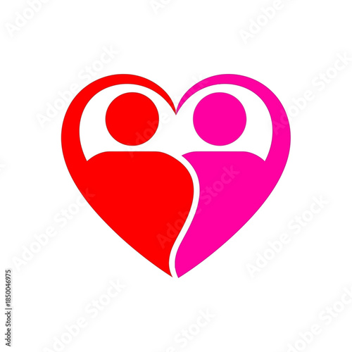 Stylized red and pink human figures forming a heart, symbolizing love, connection, and partnership.