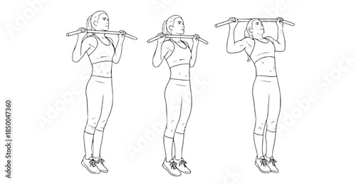 Illustration of a woman performing chin-up exercises on a horizontal bar