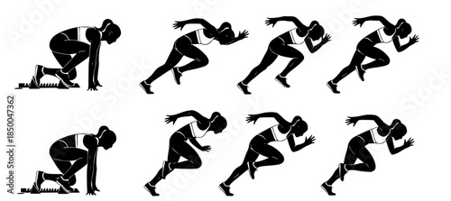 Dynamic running sequence illustrating a female athlete's powerful sprint from starting blocks to full acceleration