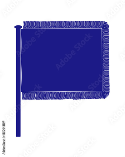 A formal dark blue rectangular flag featuring ornate fringed edges on three sides attached to a classic vertical flagpole on a light grey background