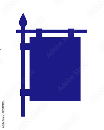 A dark blue vertical banner or signboard silhouette hanging from a decorative crossbar attached to a spear-tipped flagpole on a neutral background