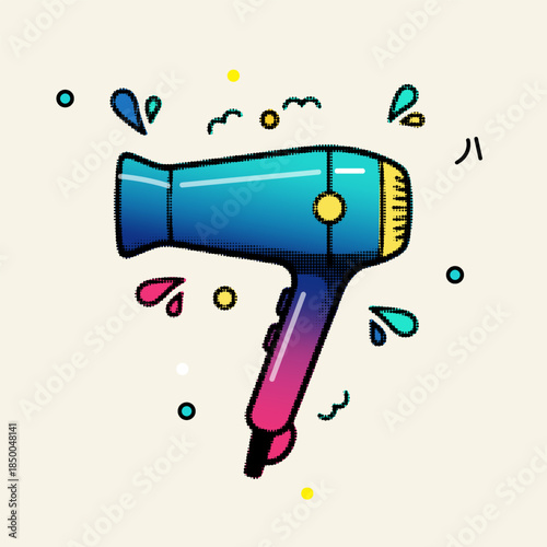 Blue and purple gradient hair dryer with retro pop art halftone dot pattern and splash elements, vector illustration