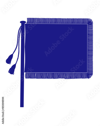 A formal dark blue ceremonial flag featuring decorative fringed edges on three sides and two elegant hanging tassels attached to the top of the flagpole