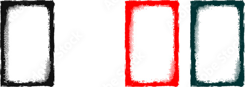 Distressed grunge photo frame vector set with halftone dots, ink splatter borders, retro comic textures, edgy graffiti poster layouts, and vintage pop art effects.