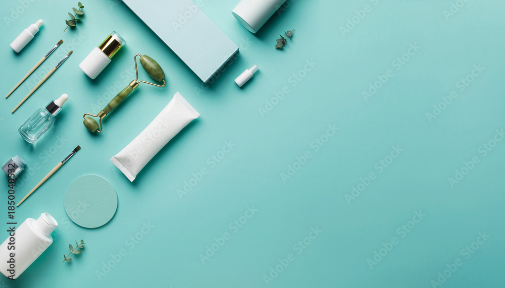 Naklejka premium Assorted cosmetics and beauty products arranged on a pastel blue background with various tools and accessories
