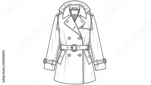 Women's Double Breasted Trench Coat Fashion Flat Sketch with Belt and Removable Hood Vector