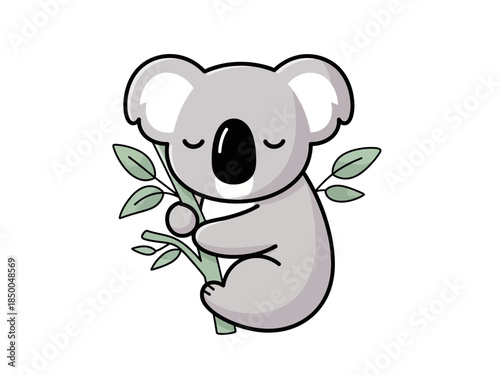 Cute Kawaii Koala Illustration Sleeping on a Eucalyptus Branch Cartoon Animal Character Vector
