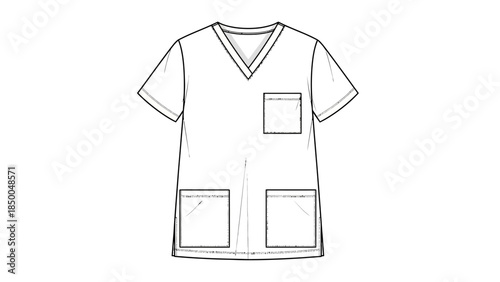 Medical Scrub Top Fashion Flat Sketch with V-Neck and Three Patch Pockets Vector Template