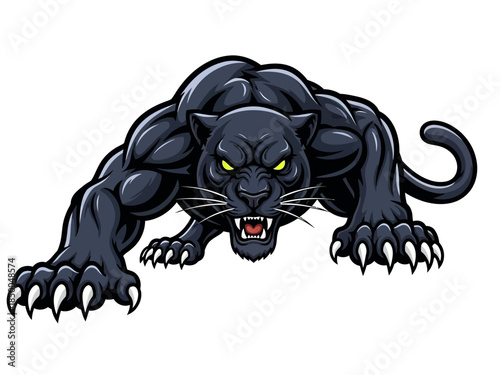 Muscular Black Panther Mascot Illustration Prowling with Sharp Claws and Glowing Eyes Vector