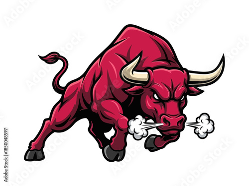 Angry Red Bull Mascot Illustration Charging with Sharp Horns and Steam from Nose Vector