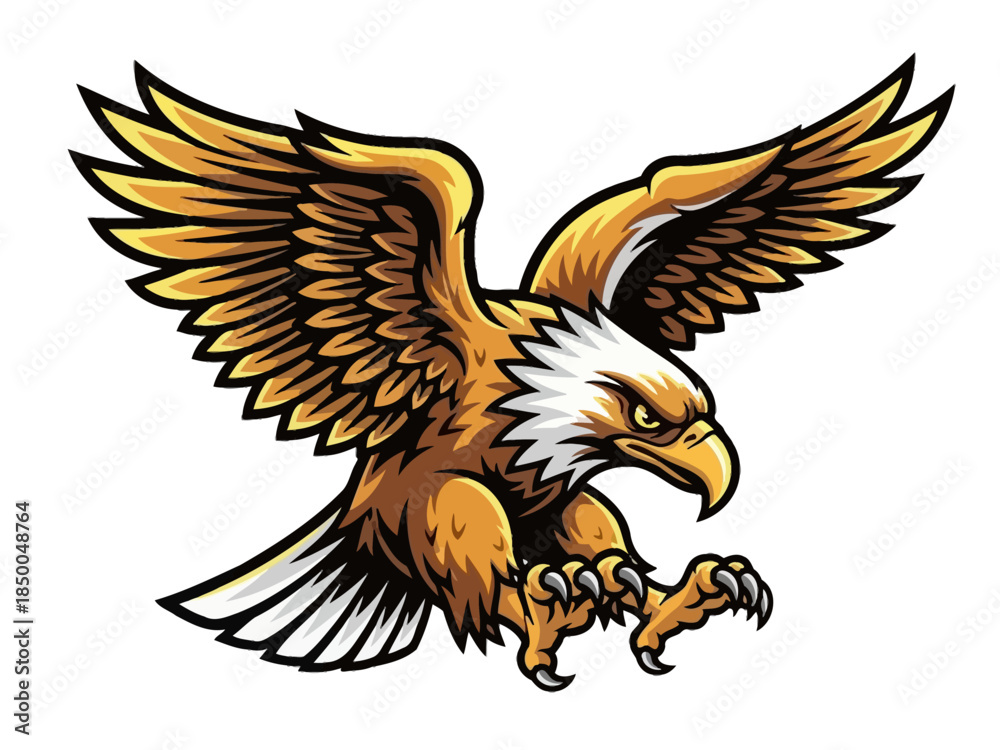 Fototapeta premium Powerful bald eagle mascot illustration, aggressive predatory bird with open wings and sharp talons, majestic golden eagle vector art for sports team logo and eSports branding.