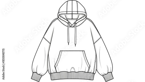 Oversized Hoodie Technical Sketch Mockup, White Unisex Hooded Sweatshirt Flat Fashion Illustration with Kangaroo Pocket and Drawstrings