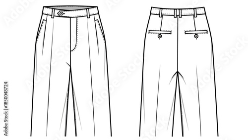 Blank pleated trousers technical sketch, white high-waisted wide-leg pants mockup with button detail, women's tailored apparel flat template front and back view.