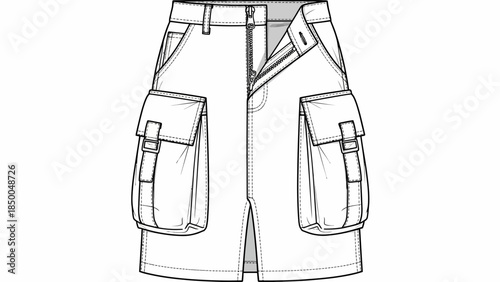 Blank cargo mini skirt technical sketch, white utility skirt mockup with large bellows pockets and buckle straps, women's streetwear apparel flat template with zipper fly.