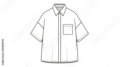 Blank short sleeve button-down shirt technical sketch, white boxy dropshoulder summer button-up mockup, men's or women's streetwear apparel flat template with chest pocket.