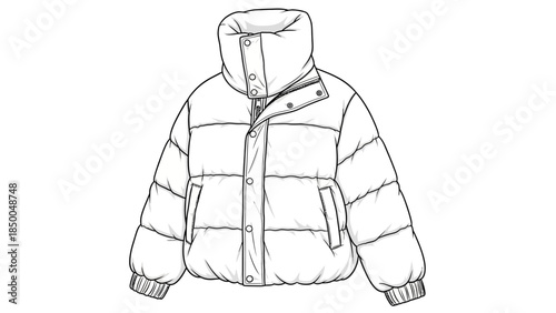 Blank puffer jacket technical sketch with high collar, white quilted winter coat mockup, unisex insulated outerwear apparel flat template with zipper and snap buttons.