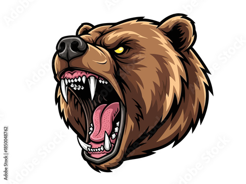 Aggressive grizzly bear head mascot illustration, angry brown bear with open mouth and sharp teeth, powerful predator animal vector art for sports team logo and eSports branding.