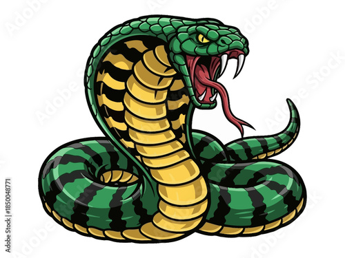 Aggressive king cobra snake mascot illustration, angry green viper with open mouth and fangs, predator reptile vector art for sports team logo and eSports branding.
