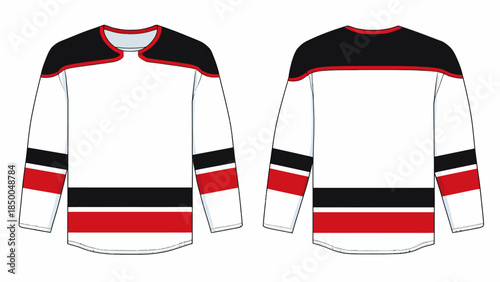 Blank ice hockey jersey template mockup in white, red and black, front and back view of sports team uniform with curved shoulder yoke, athletic apparel technical flat sketch.