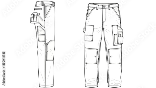 Blank men's workwear cargo pants technical sketch, white carpenter trousers with utility pockets and hammer loop, professional industrial apparel template flat view.