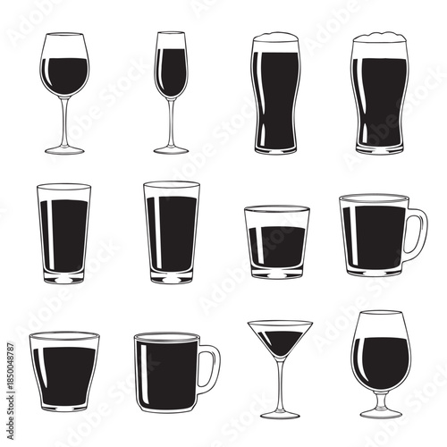 Set of 12 different beverage glass icons including wine glass beer mug and cocktail glass