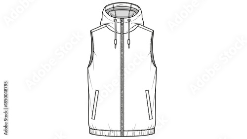 Blank hooded puffer vest mockup technical sketch, white sleeveless gilet with zipper and drawstring hood, men's or women's athletic outerwear apparel template.