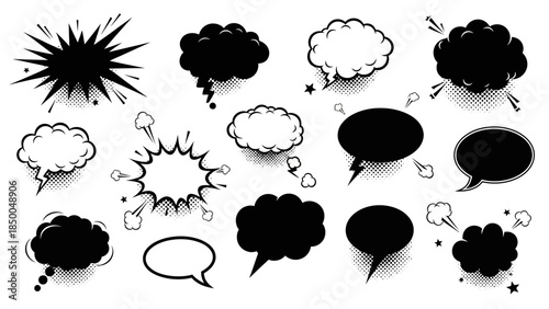 Comic Book Speech Bubbles and Explosive Shout Cloud Vector Set for Manga and Design