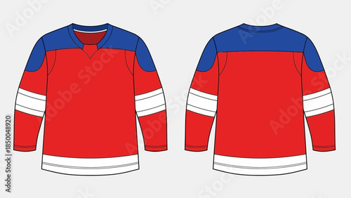 Red and Blue Ice Hockey Jersey Technical Sketch Mockup Vector Front and Back View