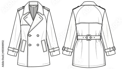 Double Breasted Trench Coat Technical Sketch Vector Mockup Front and Back View